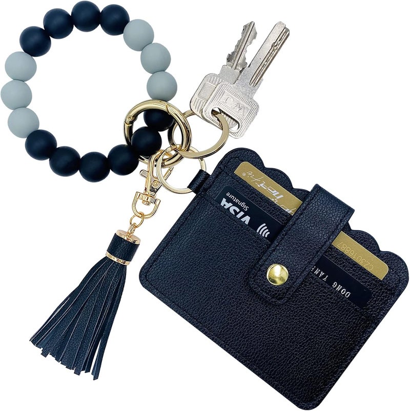 TSNSOEEO Keychain Wallet Wristlet Small Credit Card Holder Bracelet Key Chain Purse Bangle Tassel Beads Key Rings for Women - Image 1